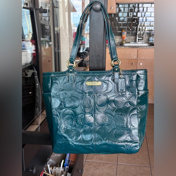 Coach Teal Blue Embossed C logo Tote with side pockets Y2K 2012 NWOT - Picture 11 of 16